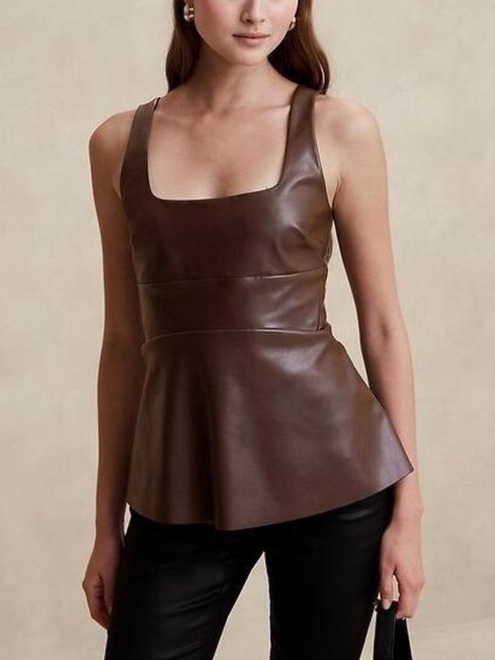 Banana Republic Vegan Leather Chocolate Brown Peplum Top - Size 2